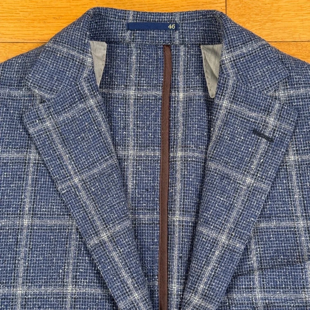 Paul Taylor Italy Blue Windowpane Silk Virgin Wool Sport Coat Blazer Mens 46 IT